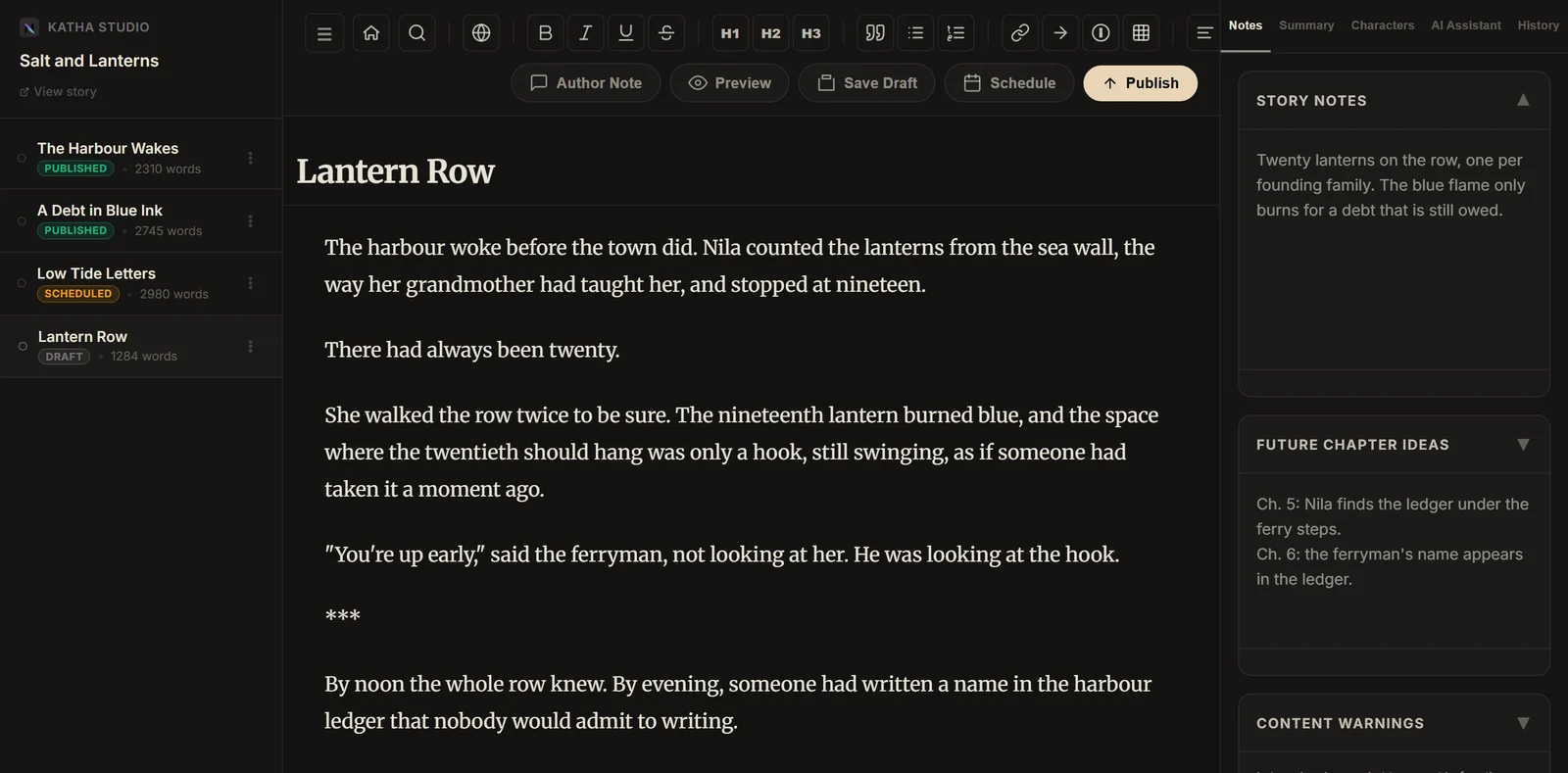 The Katha editor: a chapter list with published, scheduled and draft chapters on the left, the draft chapter Lantern Row open in the middle, story notes on the right, and the Author Note, Preview, Save Draft, Schedule and Publish buttons along the top